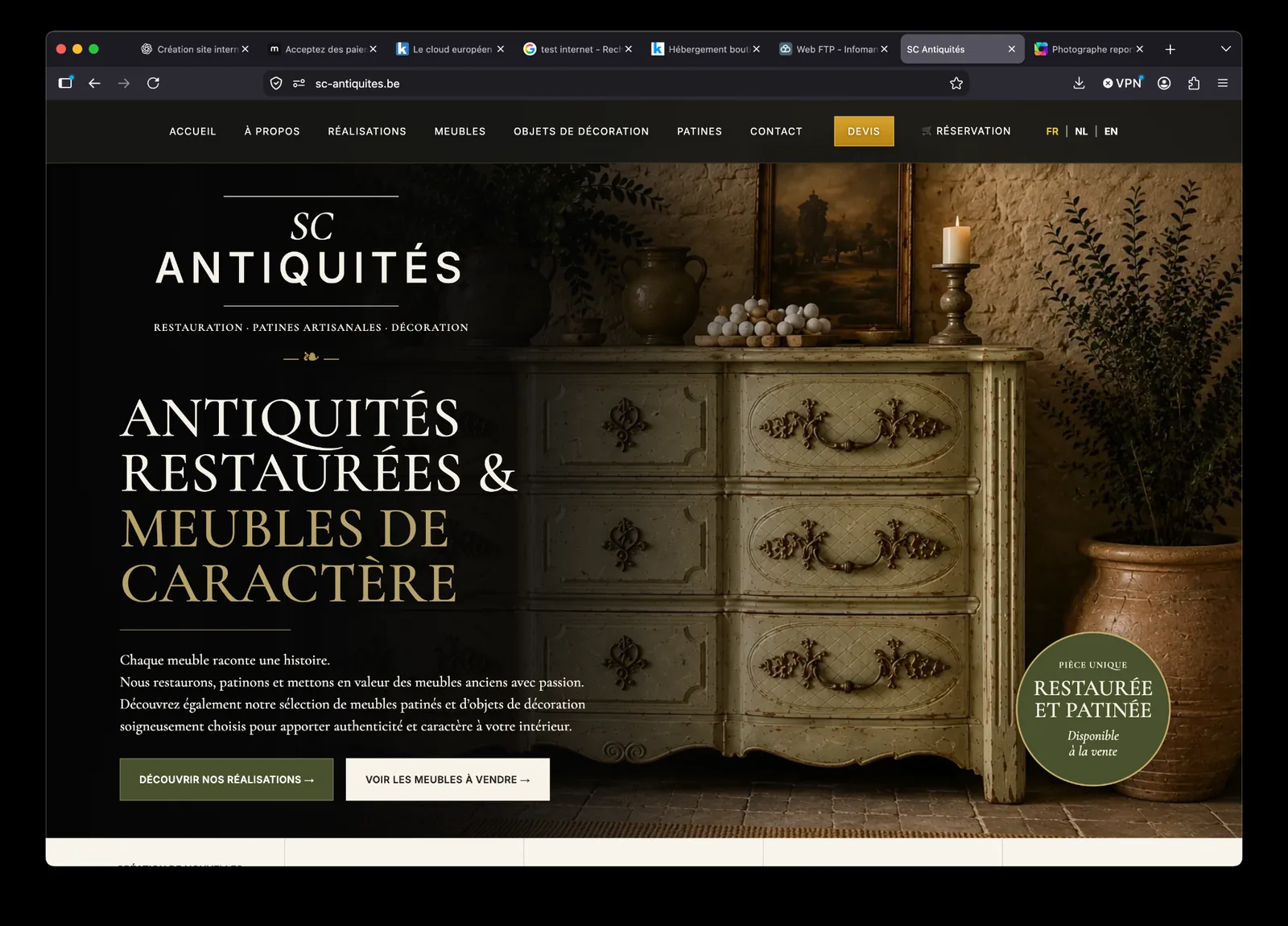 Page d’accueil du site SC Antiquités créé sur mesure par Studio Maybe