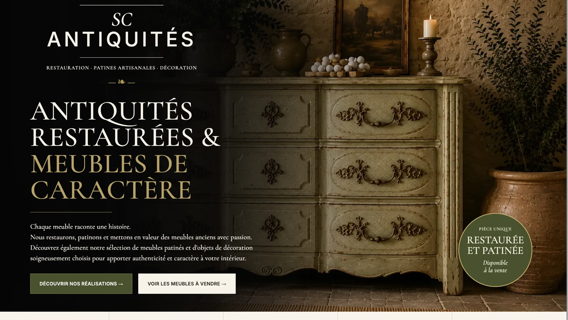 Capture large du site SC Antiquités avec mise en valeur des visuels